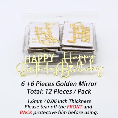 AiQi Bakes Happy Birthday Cake Toppers Gold Mirror Acrylic 12 Pack