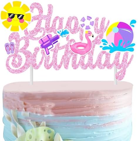 Pool Party Birthday Cake Topper with Pink Glitter