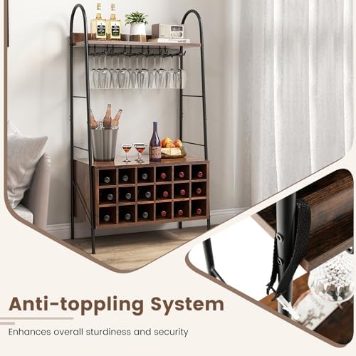 Giantex Freestanding Wine Rack with 15 Glasses Holder and 2 Storage Shelves