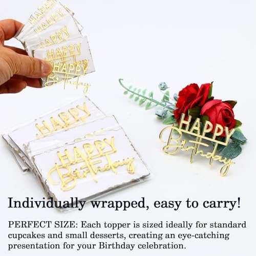 AiQi Bakes Happy Birthday Cake Toppers Gold Mirror Acrylic 12 Pack