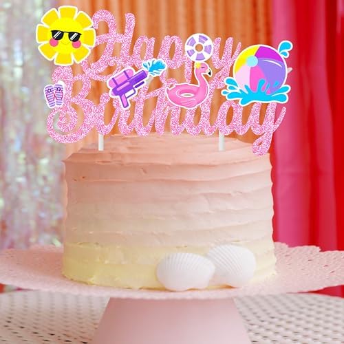 Pool Party Birthday Cake Topper with Pink Glitter