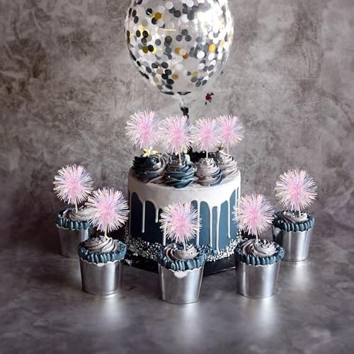 Ephlyn 30Pcs Foil Firework Cupcake Toppers Pink