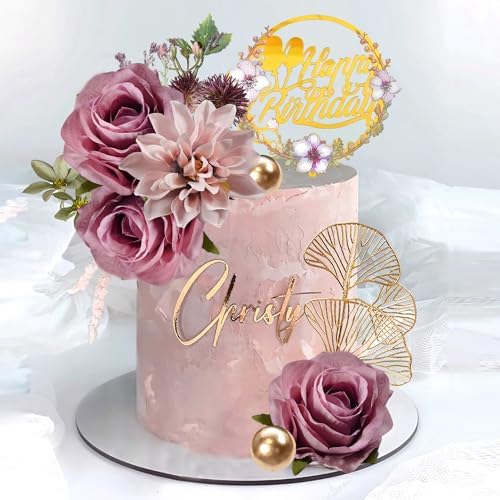 DRWATE Flower Cake Toppers Purple Rose and Ginkgo Leaf Set