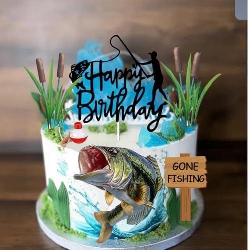Gone Fishing Cake Topper with Largemouth Bass Sign