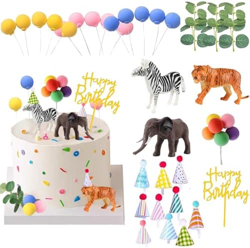 LEFUBABY Safari Animal Cake Toppers with Mini Hats and Balloons 1