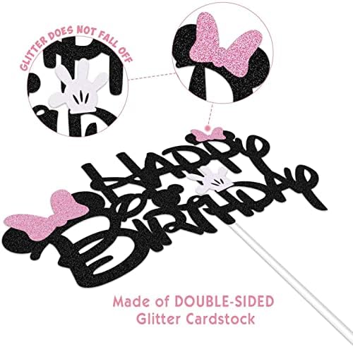 BOGZON Black Glitter Minnie Birthday Cake Topper with Pink Bows and White Gloves