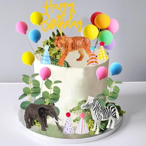 LEFUBABY Safari Animal Cake Toppers with Mini Hats and Balloons 1