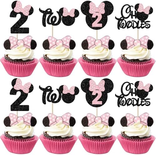Rsstarxi 24 Pack Pink Bow Mouse Cupcake Toppers