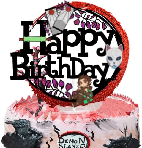 Happy Birthday Anime Cake Topper with Black Glitter