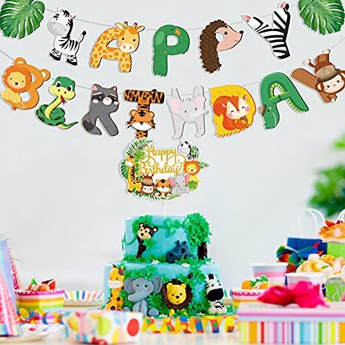 Clabby 2 Pieces Jungle Animals Birthday Banner Cupcake Topper