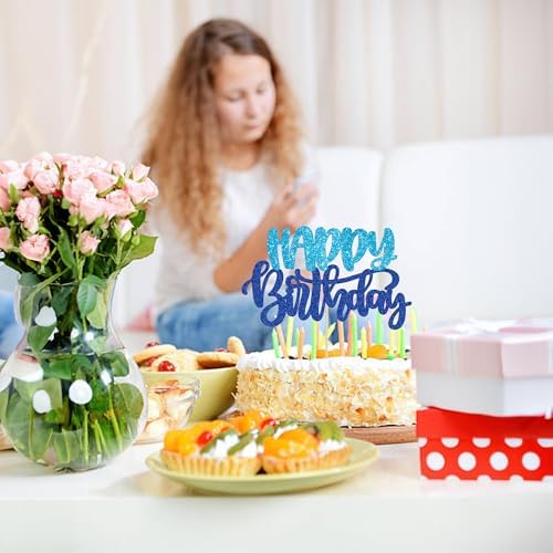 Gyufise Happy Birthday Cake Topper Glitter Blue