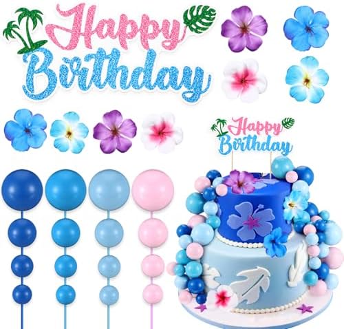 Zeyune 61 Pcs Pink Blue Cake Topper with Balls