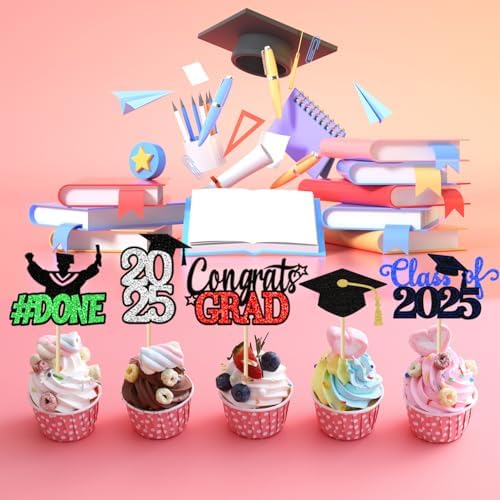 Class of 2025 Graduation Cupcake Topper - 24Pcs Black with Gold