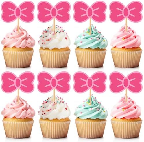 24 Pcs Pink Cat Bow Cake Toppers for Kitten Parties