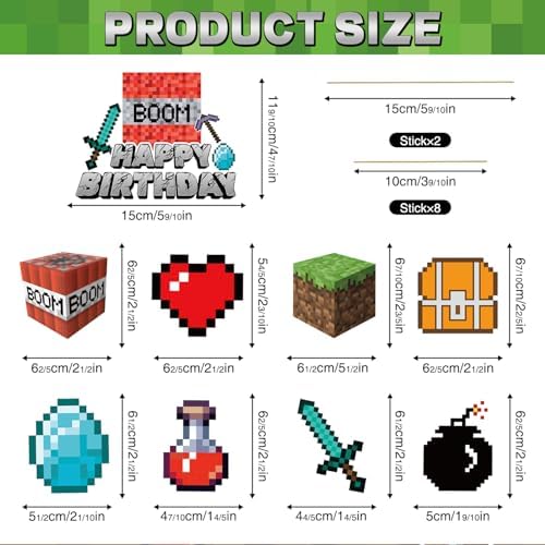 Terkung 9pcs Pixel Cartoon Cake Toppers for Birthday Parties