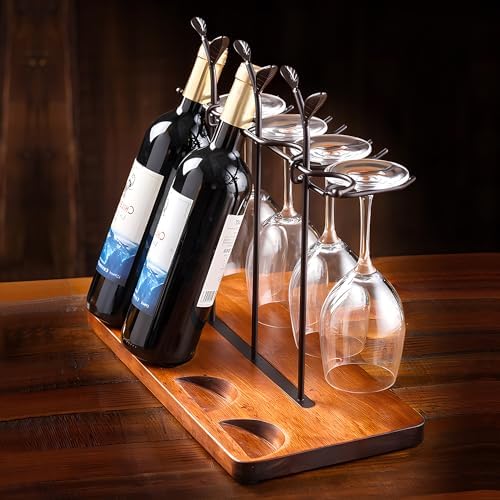 Laxioriew Wood Wine Bottle Holder for 4 Bottles and 4 Glasses