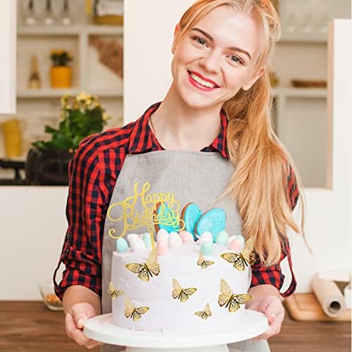 24Pcs Gold Butterfly Cake Decorations with Birthday Sign