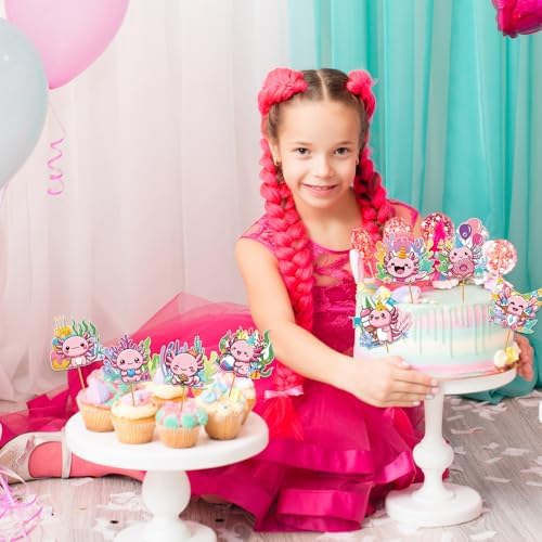 Hokinaa Axolotl Cupcake Toppers 24 Pcs Pink Birthday Decorations