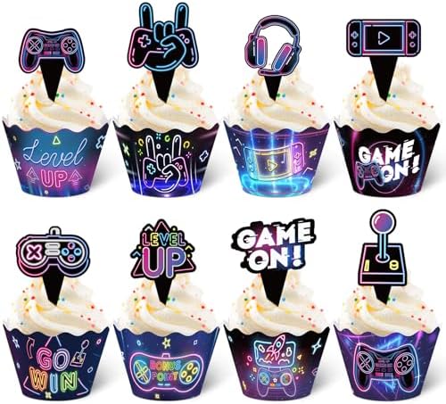 Nuenen Neon Gaming Cupcake Toppers 96 Pcs