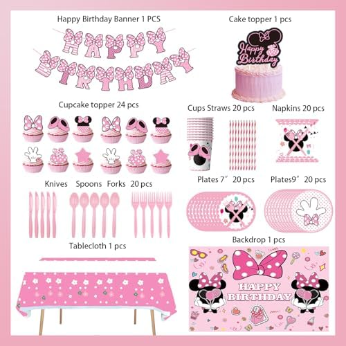 288 PCS Pink Mouse Party Decorations for 20 Guests
