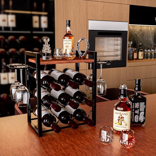 Nanagiftree Wooden Wine Rack with Tray Holds 9 Bottles 4 Glasses