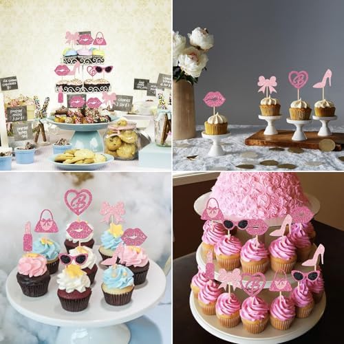 Biendo Glitter Pink Cupcake Toppers 32PCS Princess Theme Decorations