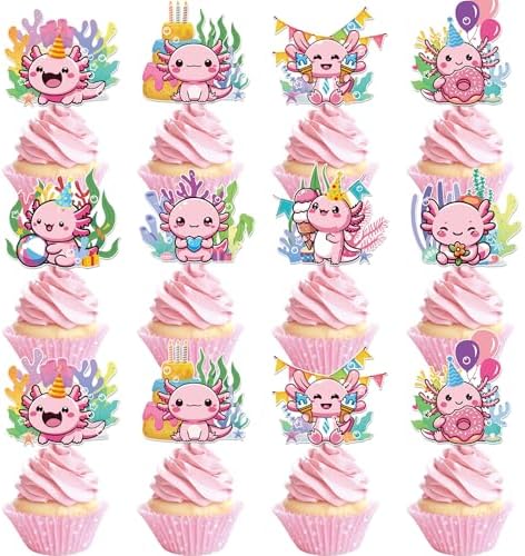 Hokinaa Axolotl Cupcake Toppers 24 Pcs Pink Birthday Decorations