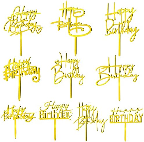10 PCS Gold Birthday Cake Toppers Acrylic Decorations