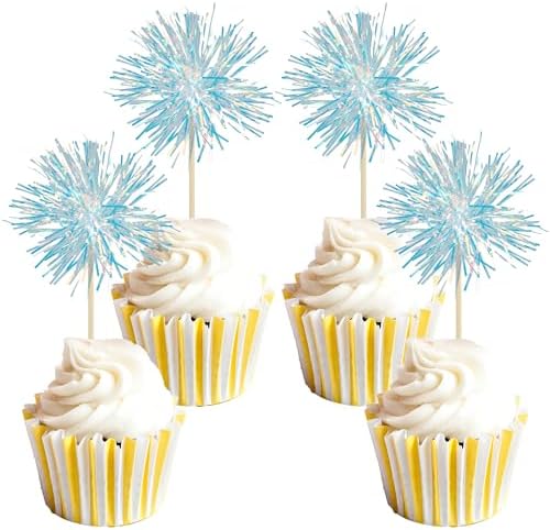 Gyufise 30Pcs Foil Firework Cupcake Toppers with Tinsel