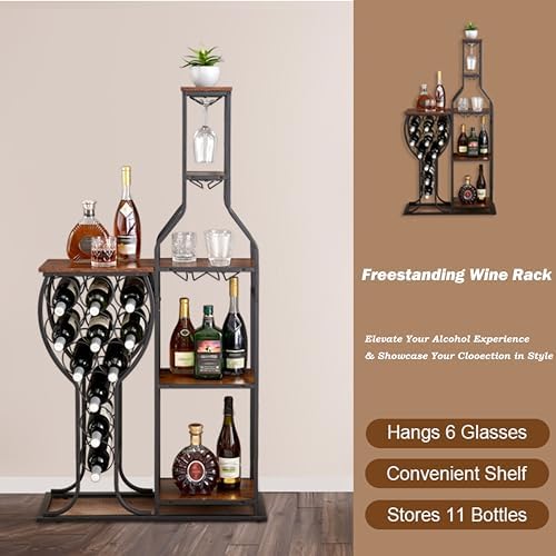 5 Tier Wine Rack Freestanding Cabinet with 6 Glass Holder