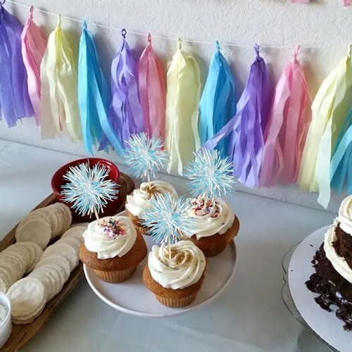 Gyufise 30Pcs Foil Firework Cupcake Toppers with Tinsel