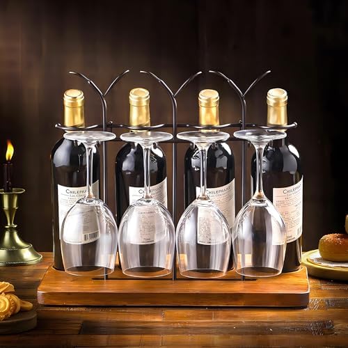 Laxioriew Wood Wine Bottle Holder for 4 Bottles and 4 Glasses