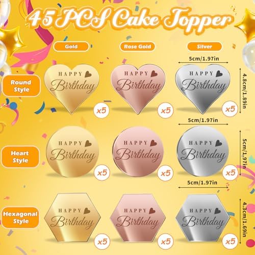 45PCS Happy Birthday Cake Toppers Multi-Shape Color