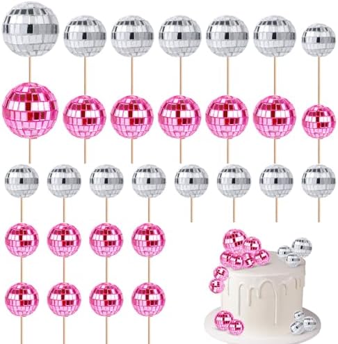 30pcs Disco Ball Cupcake Toppers Pink and Silver