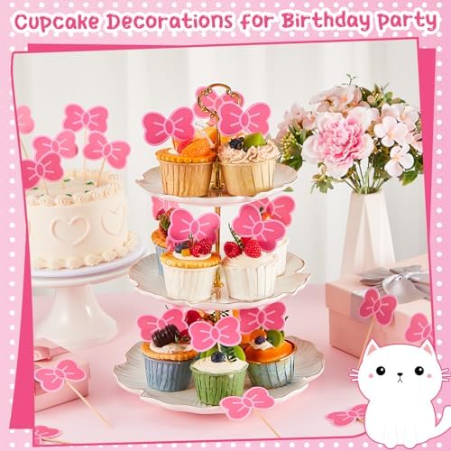 24 Pcs Pink Cat Bow Cake Toppers for Kitten Parties