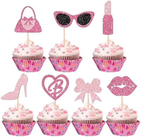 Biendo Glitter Pink Cupcake Toppers 32PCS Princess Theme Decorations