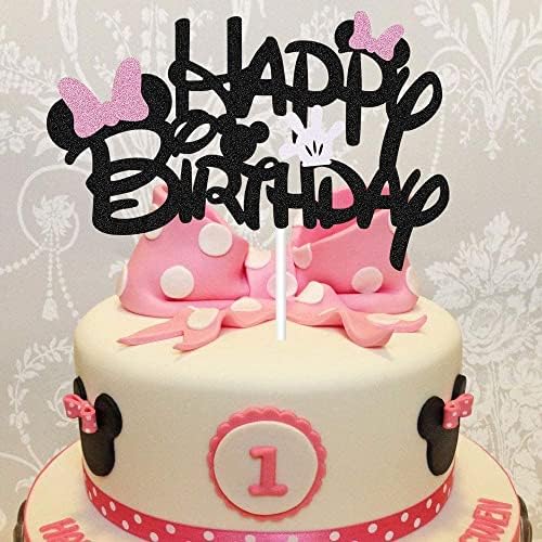 BOGZON Black Glitter Minnie Birthday Cake Topper with Pink Bows and White Gloves