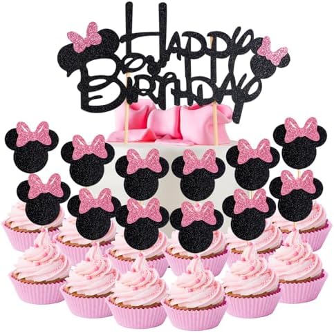 25Pcs Glitter Mouse Cupcake Toppers with Bow