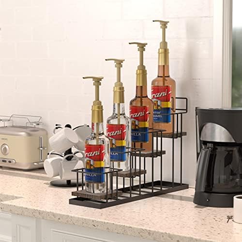 4-Tier Coffee Syrup Organizer Rack with Rustic Wood and Metal Frame