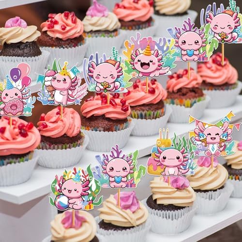 Hokinaa Axolotl Cupcake Toppers 24 Pcs Pink Birthday Decorations