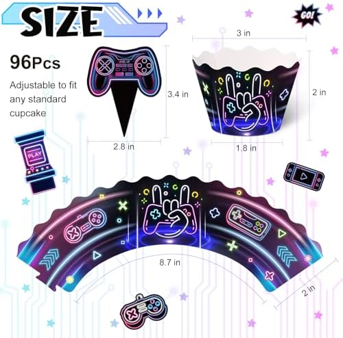 Nuenen Neon Gaming Cupcake Toppers 96 Pcs