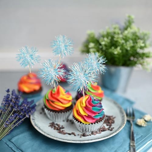 Gyufise 30Pcs Foil Firework Cupcake Toppers with Tinsel