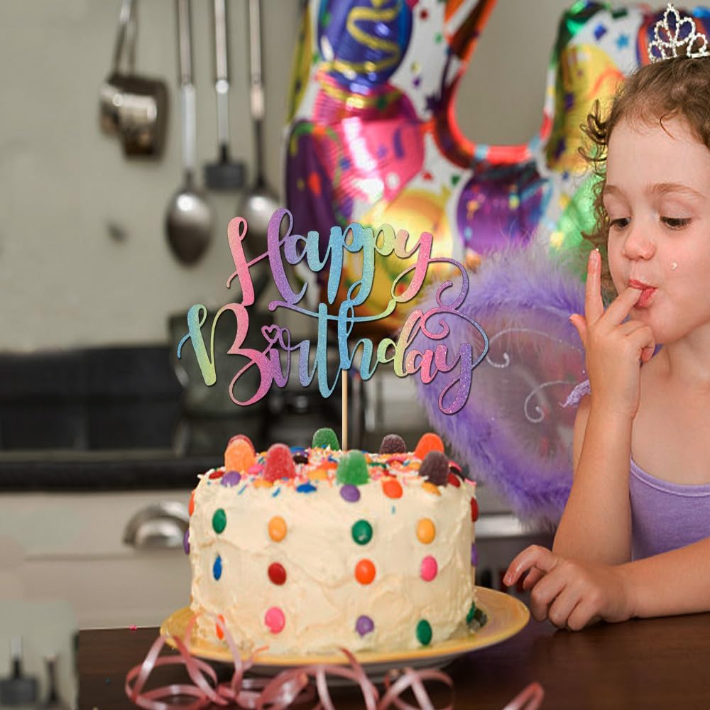 Naicaek Handmade Glitter Birthday Cake Topper with Rainbow Design