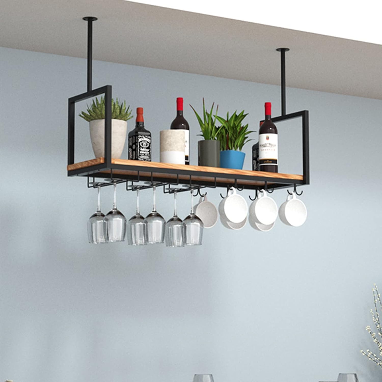 Ceiling Hanging Shelf Black Metal Wall Mount Wine Rack