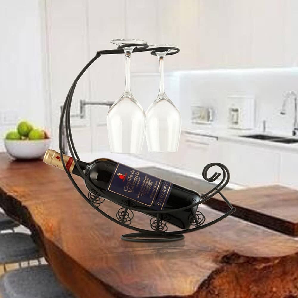 Homya Tabletop Metal Wine Rack 1 Bottle 2 Glasses