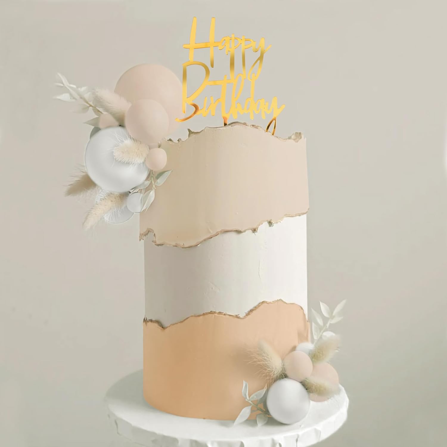 DRWATE Boho Khaki White Gold Pearl Balls Cake Toppers