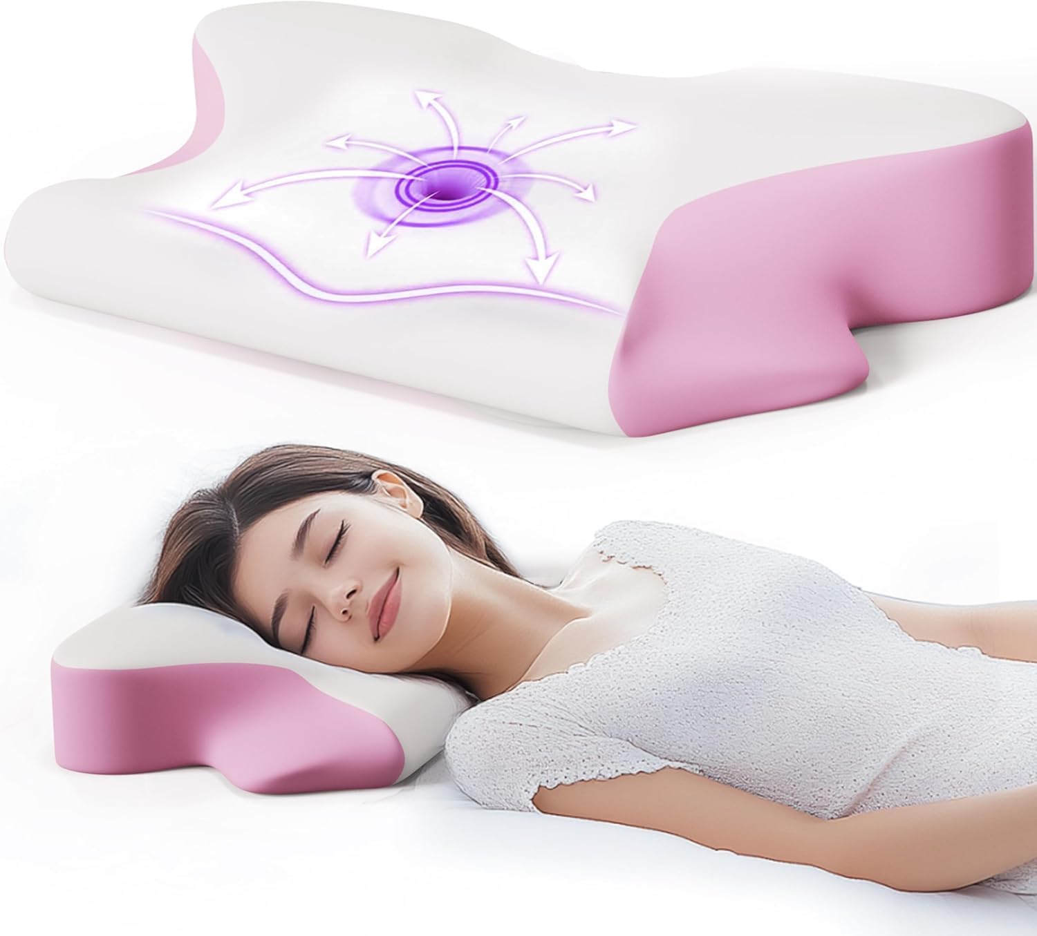 SKYEMAC Pink Contoured Neck Pillow for Back Side Stomach Sleepers