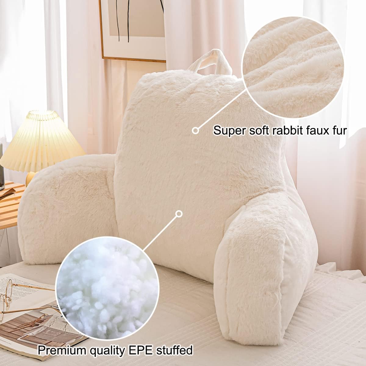 Holawakaka Faux Fur Bed Rest Reading Pillow with Arms