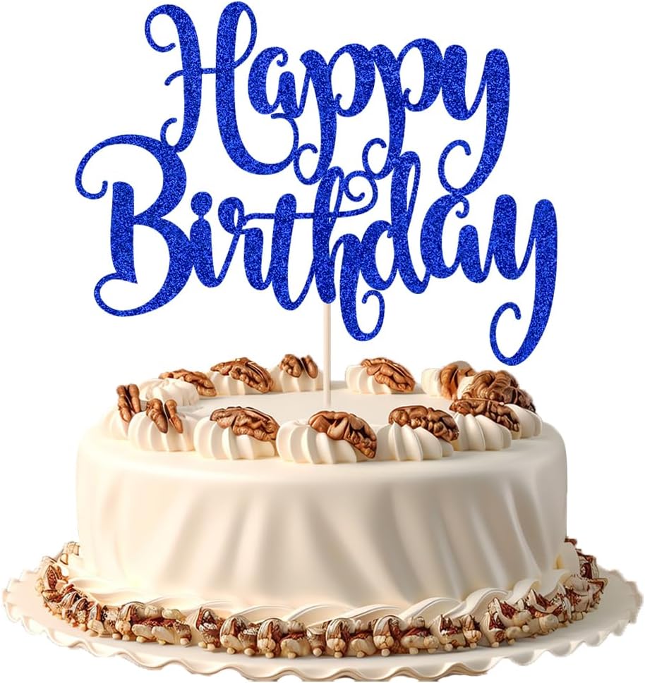Happy Birthday Cake Topper - Deep Blue Glitter Decor