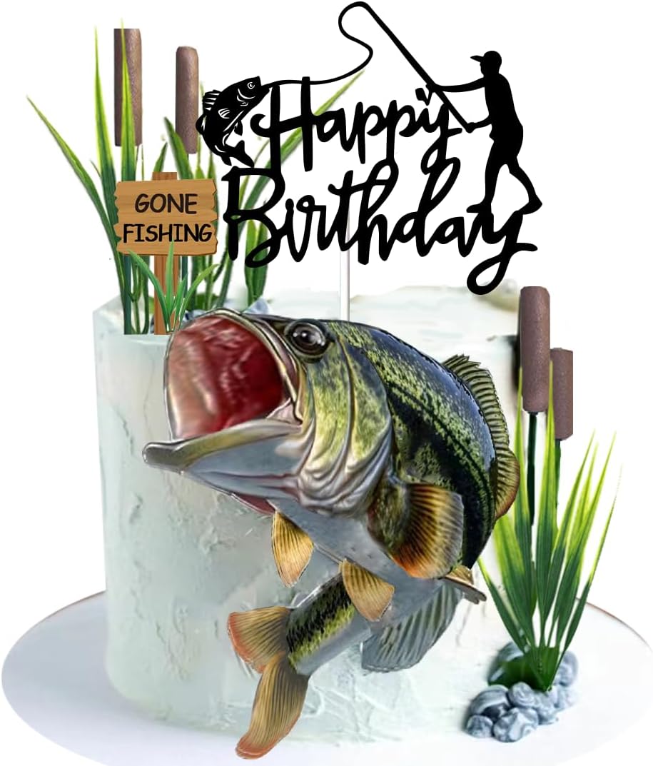 Gone Fishing Cake Topper with Largemouth Bass Sign